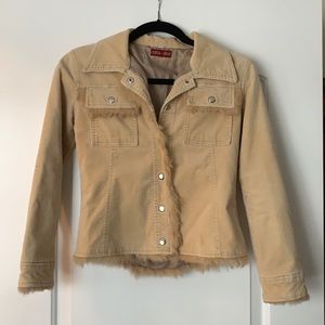 Cute tan corduroy coat with fur trim! In new condition! Size Small